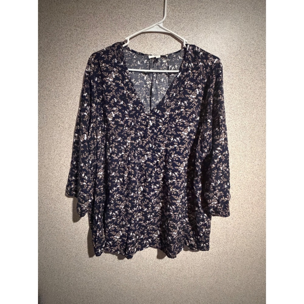 Fun2Fun Navy Blue Floral V-Neck Pleated Button Front Blouse 1XL 3/4 Sleeve Top